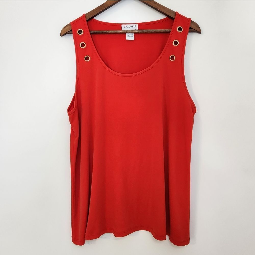 Carmen Marc Valvo Red Sleeveless Blouse Metal Eyeletes Size XL